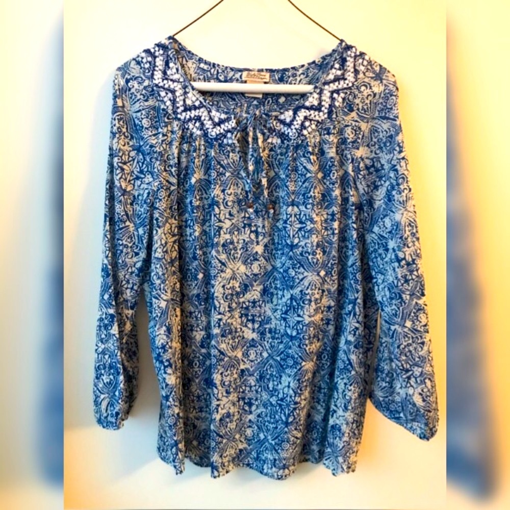 Lucky Brand Blue and White Tie Neck Peasant Blouse